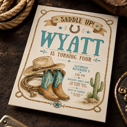 Rustic Western Cowboy 4th Birthday Invitation — 4th birthday party stationery by VoltBy