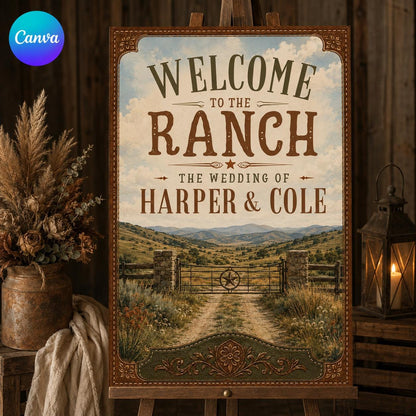 Rustic Western Ranch Wedding Welcome Sign — editable Canva template