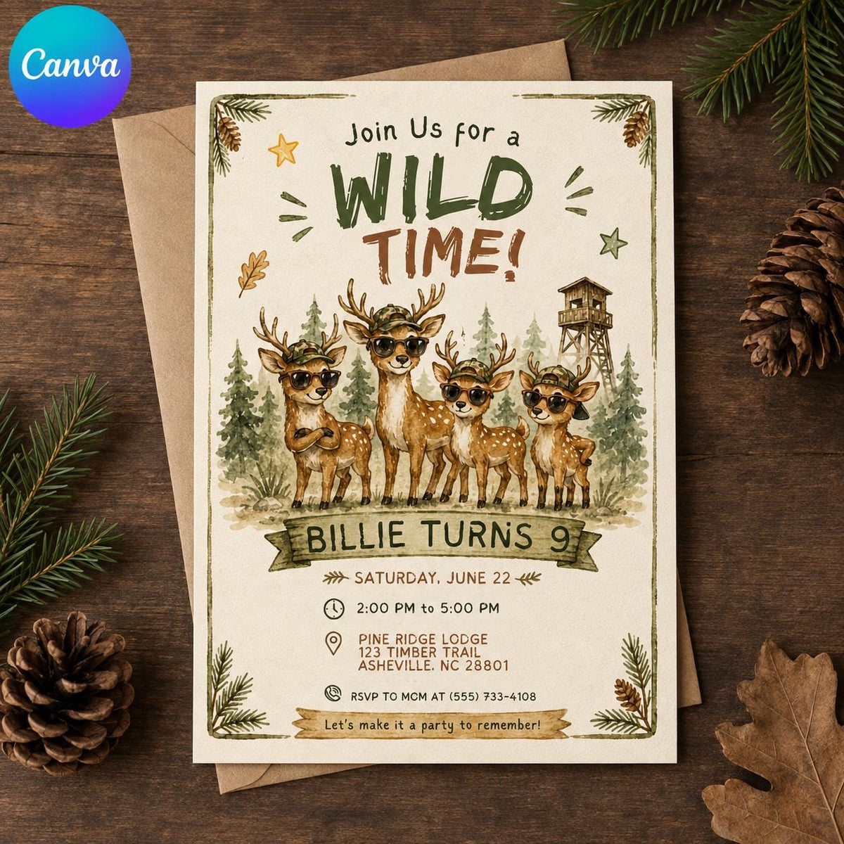 Rustic Wild Deer 9th Birthday Invitation for Boys — editable Canva template