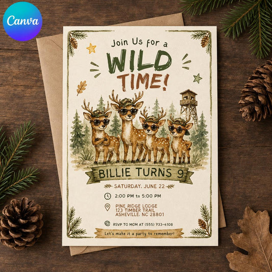 Rustic Wild Deer 9th Birthday Invitation for Boys — editable Canva template