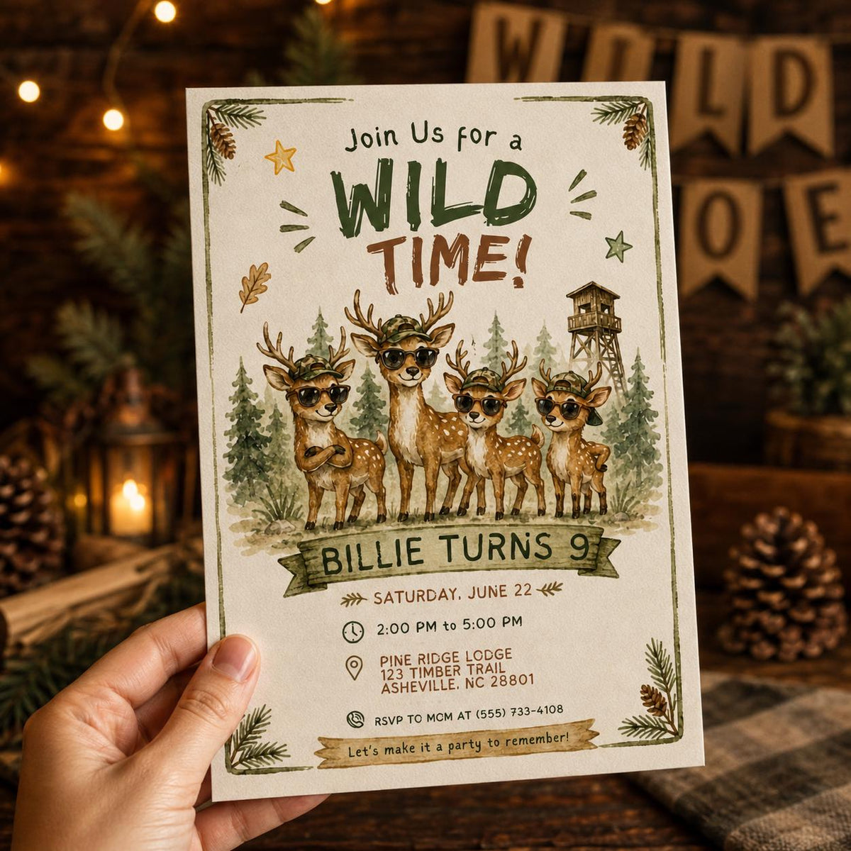 Rustic Wild Deer 9th Birthday Invitation for Boys — invitation you personalize in Canva