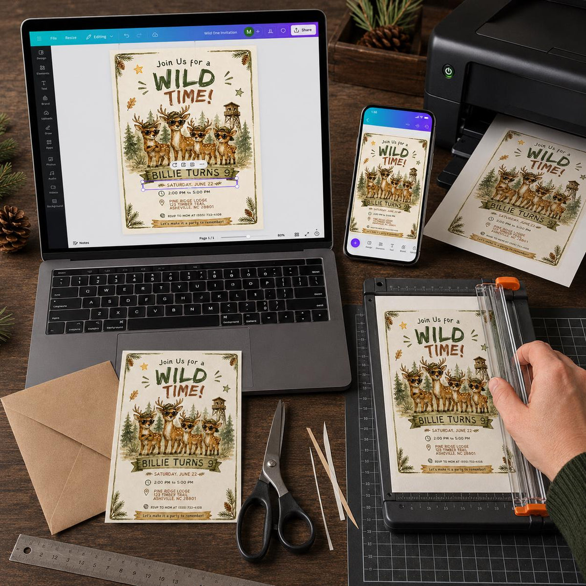 Rustic Wild Deer 9th Birthday Invitation for Boys — print-ready 9th birthday party design from VoltBy