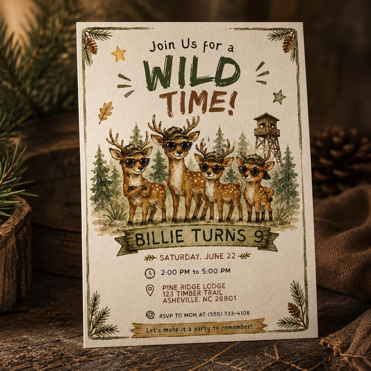 Rustic Wild Deer 9th Birthday Invitation for Boys — digital invitation, instant download