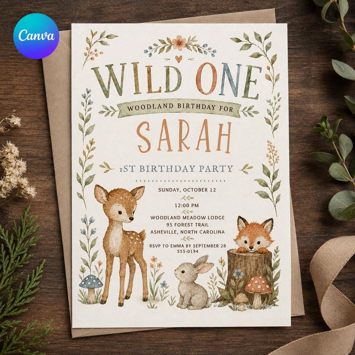Rustic Wild One Birthday Invitation — editable Canva template
