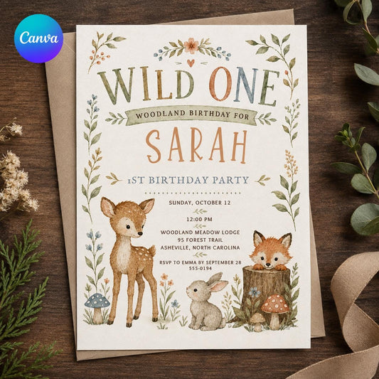 Rustic Wild One Birthday Invitation — editable Canva template