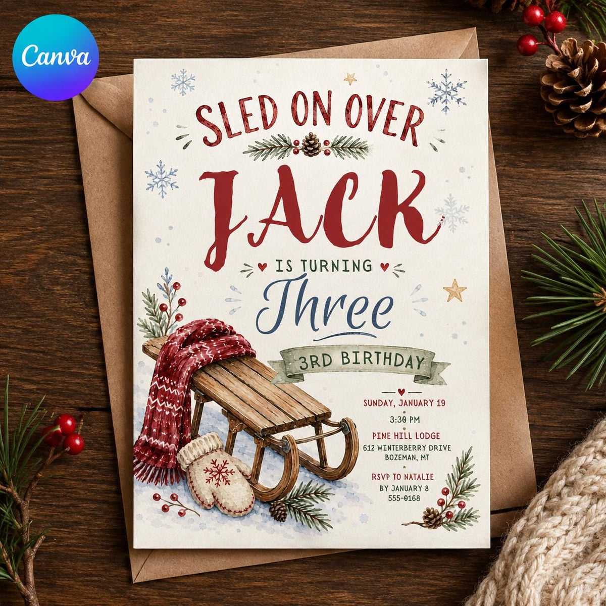 Rustic Winter 3rd Birthday Invitation — editable Canva template
