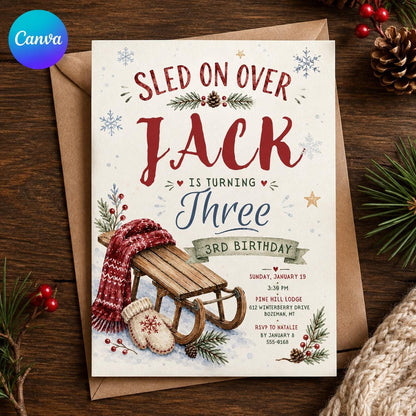 Rustic Winter 3rd Birthday Invitation — editable Canva template