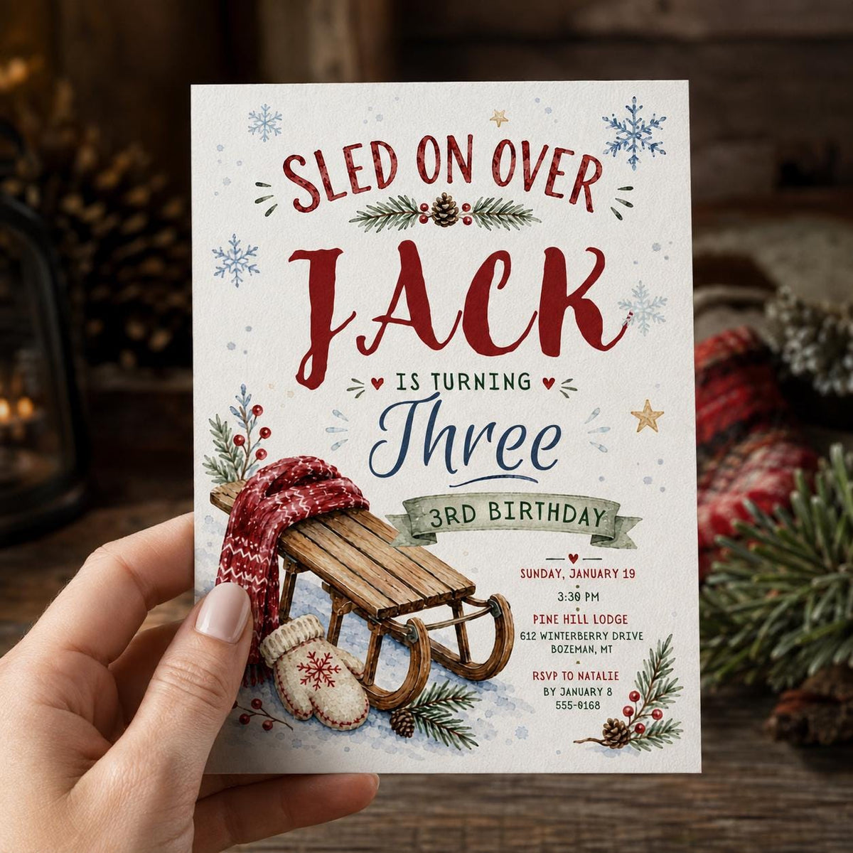 Rustic Winter 3rd Birthday Invitation — print-ready 3rd birthday party design from VoltBy