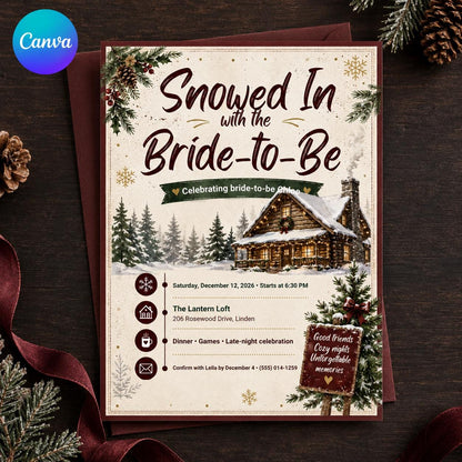 Rustic Winter Bridal Shower Invitation — editable Canva template