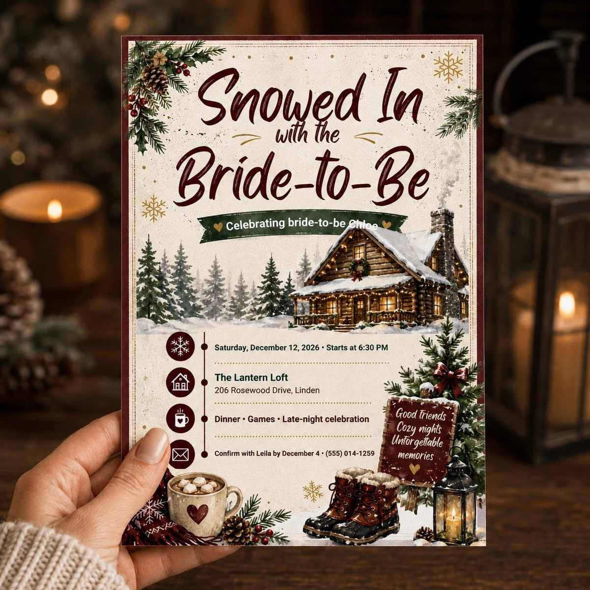 Rustic Winter Bridal Shower Invitation — print-ready bridal shower design from VoltBy