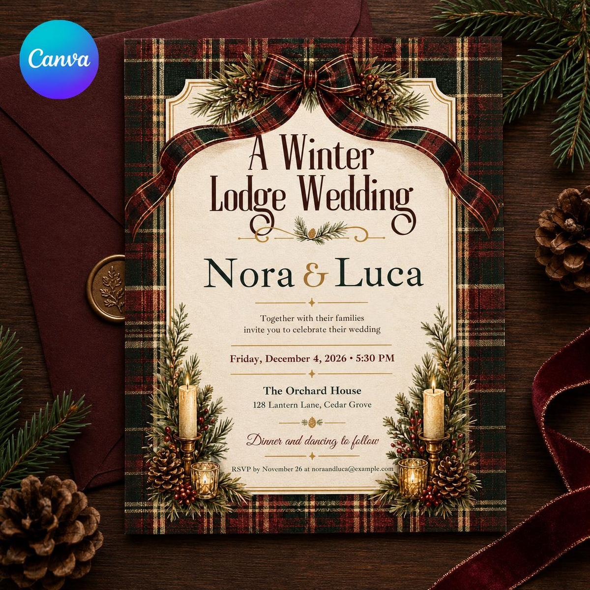 Rustic Winter Lodge Wedding Invitation — editable Canva template