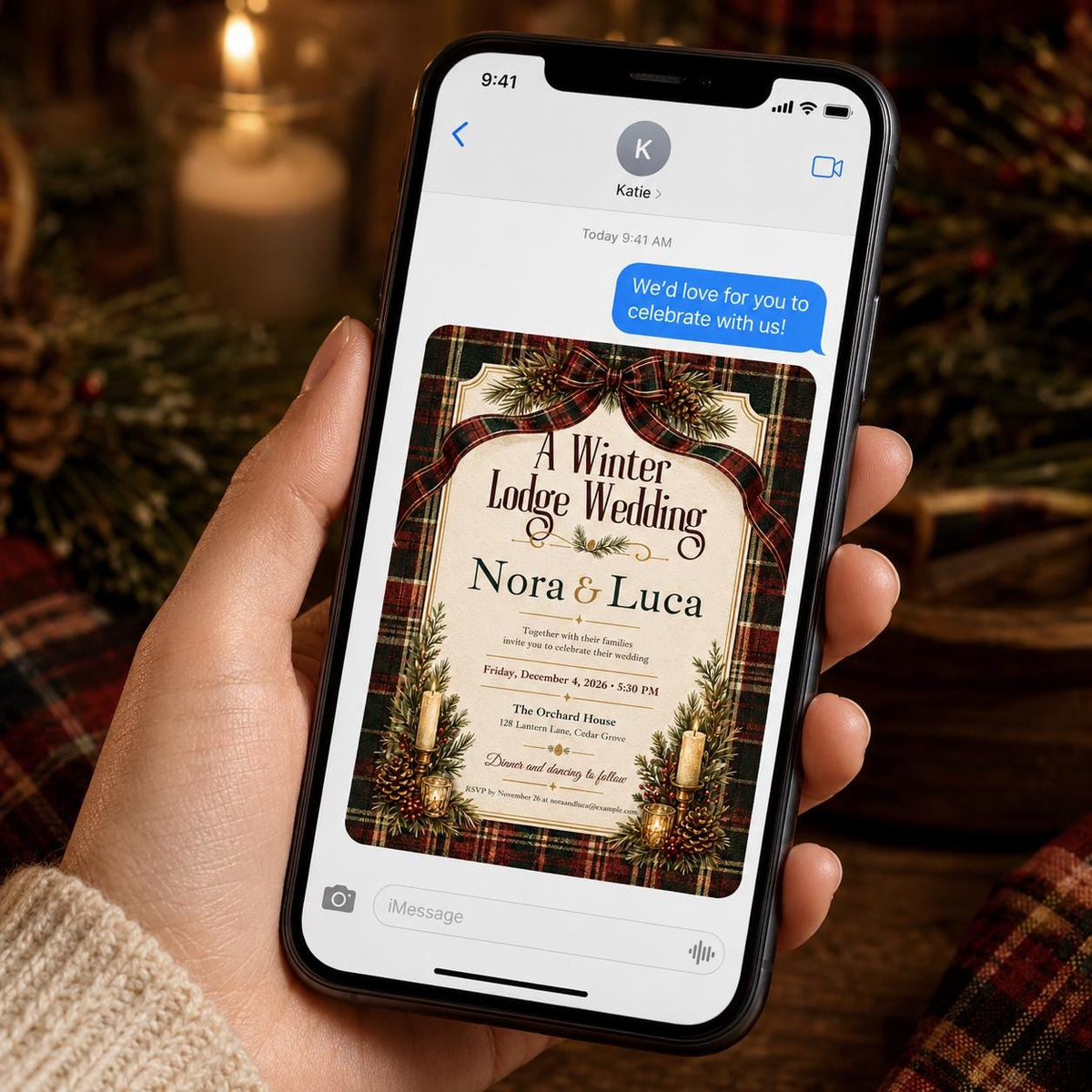 Rustic Winter Lodge Wedding Invitation — invitation you personalize in Canva
