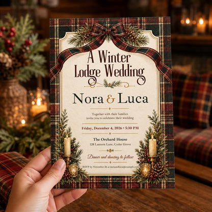 Rustic Winter Lodge Wedding Invitation — print-ready wedding design from VoltBy