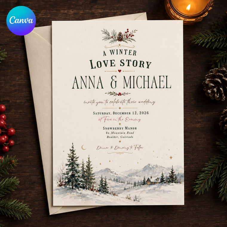 Rustic Winter Wedding Invitation: Snowy Mountain Evergreen Wedding