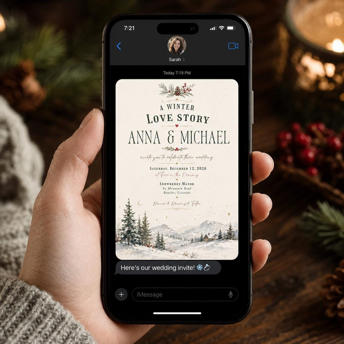 Rustic Winter Wedding Invitation: Snowy Mountain Evergreen Wedding — mountains and pine design