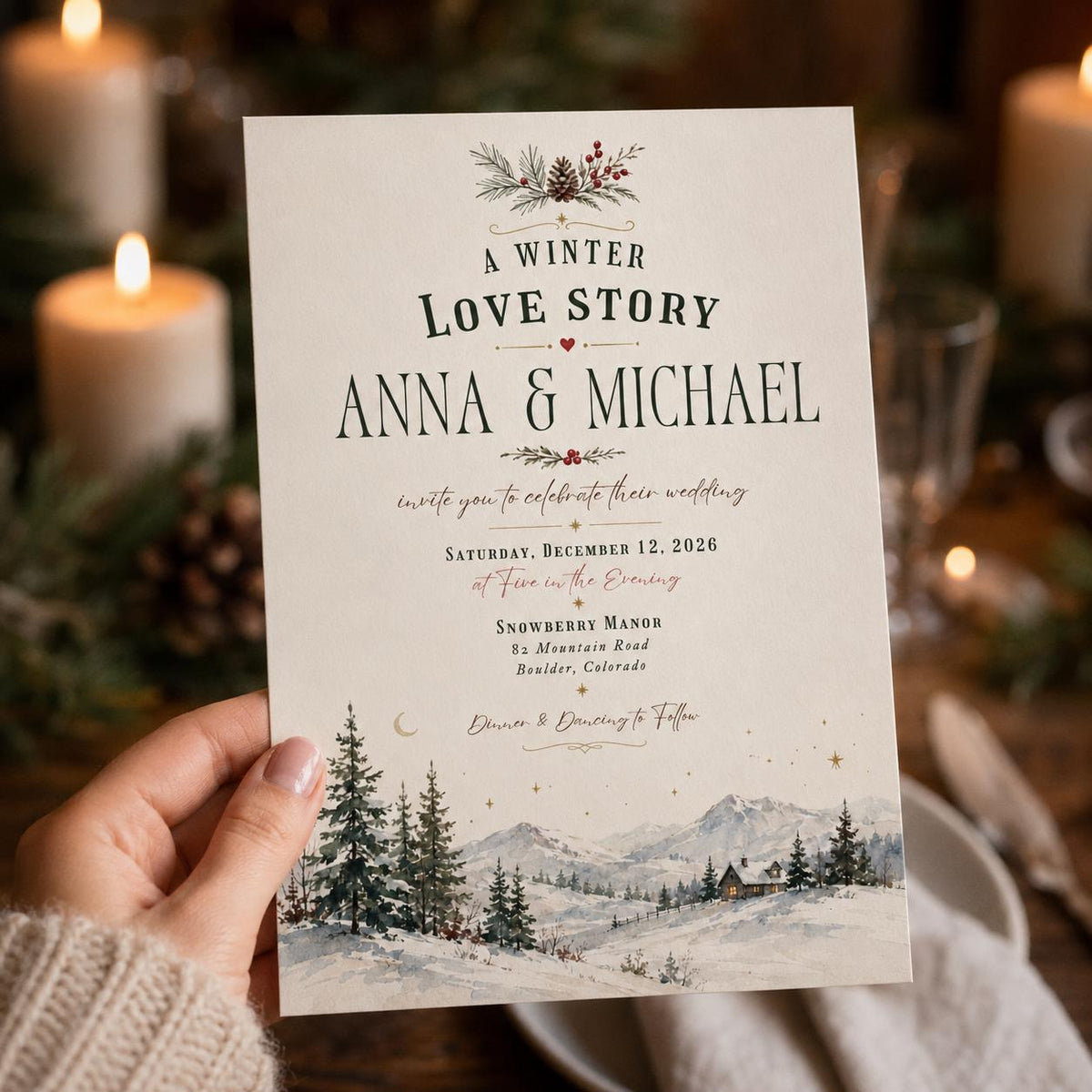 Rustic Winter Wedding Invitation: Snowy Mountain Evergreen Wedding — invitation you personalize in Canva