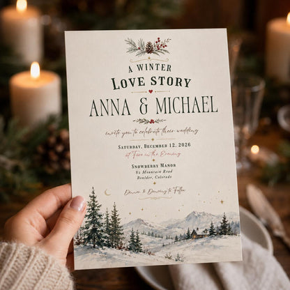 Rustic Winter Wedding Invitation: Snowy Mountain Evergreen Wedding — invitation you personalize in Canva