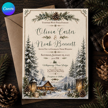 Rustic Winter Wedding Invitation: Snowy Pine Forest Wedding — editable Canva template