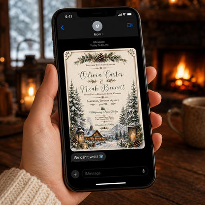 Rustic Winter Wedding Invitation: Snowy Pine Forest Wedding — mountains design