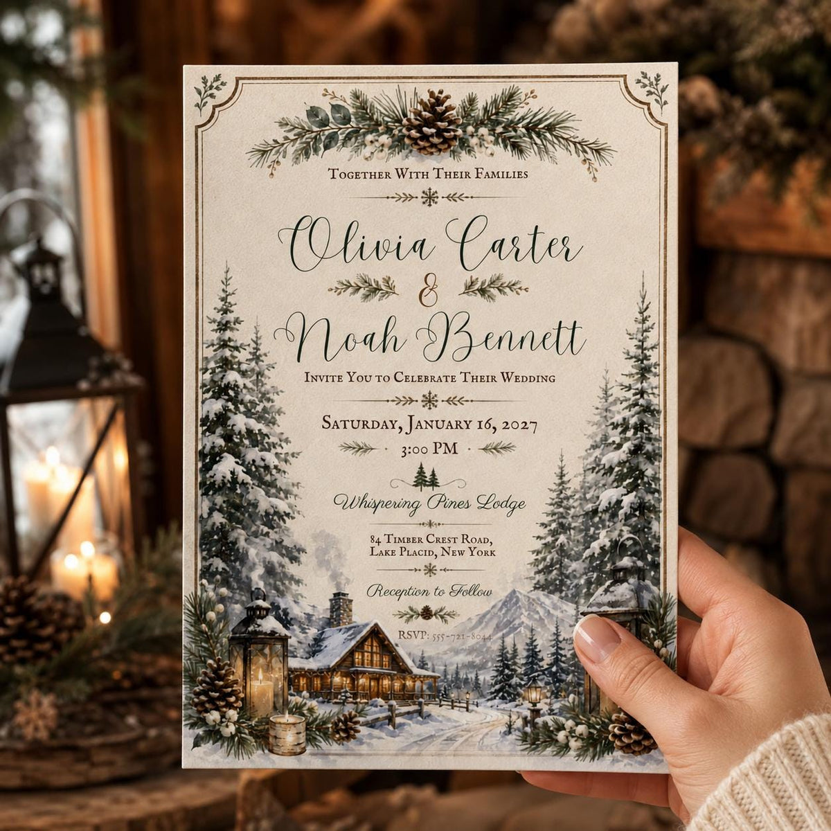 Rustic Winter Wedding Invitation: Snowy Pine Forest Wedding — invitation you personalize in Canva