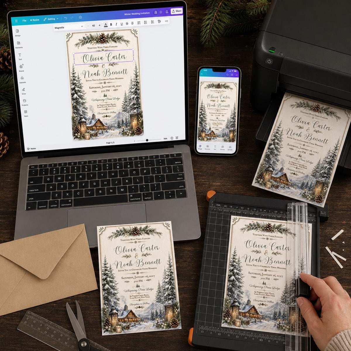 Rustic Winter Wedding Invitation: Snowy Pine Forest Wedding — print-ready wedding design from VoltBy