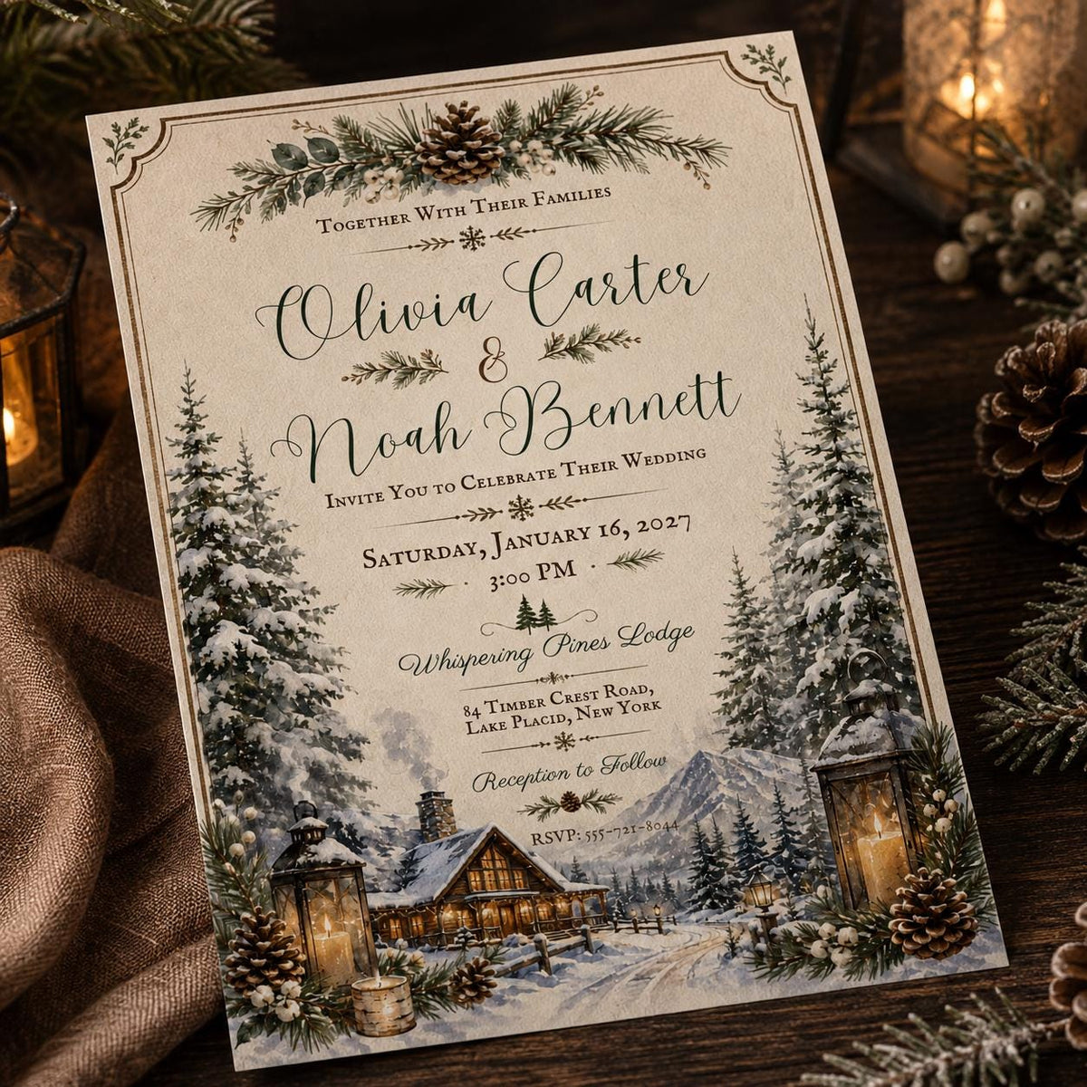 Rustic Winter Wedding Invitation: Snowy Pine Forest Wedding — digital invitation, instant download