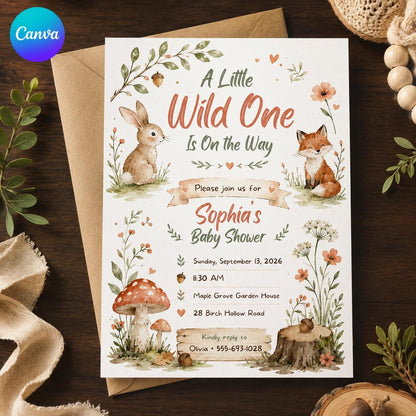Rustic Woodland Baby Shower Invitation — editable Canva template