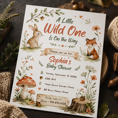 Rustic Woodland Baby Shower Invitation — invitation you personalize in Canva