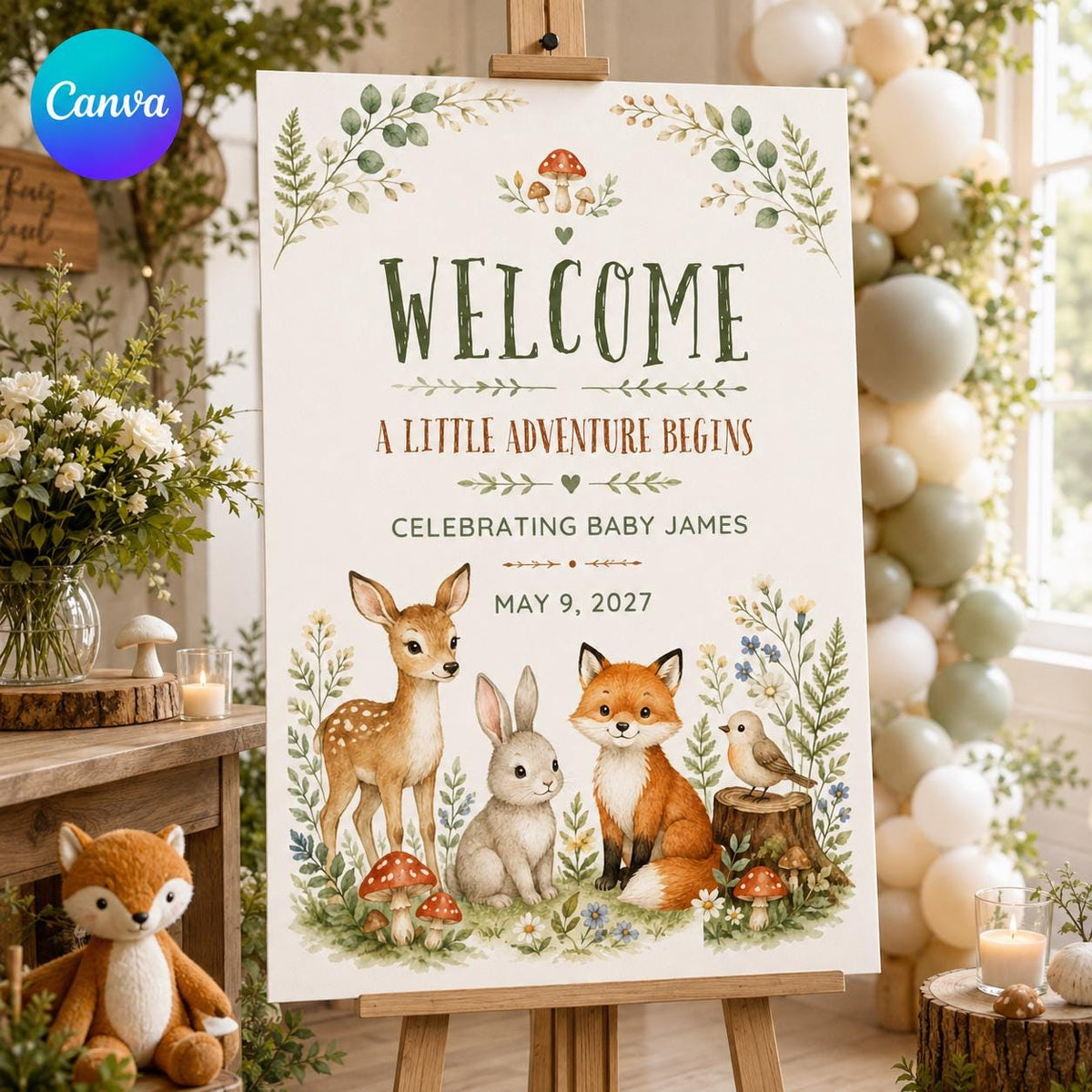 Rustic Woodland Baby Shower Welcome Sign — editable Canva template