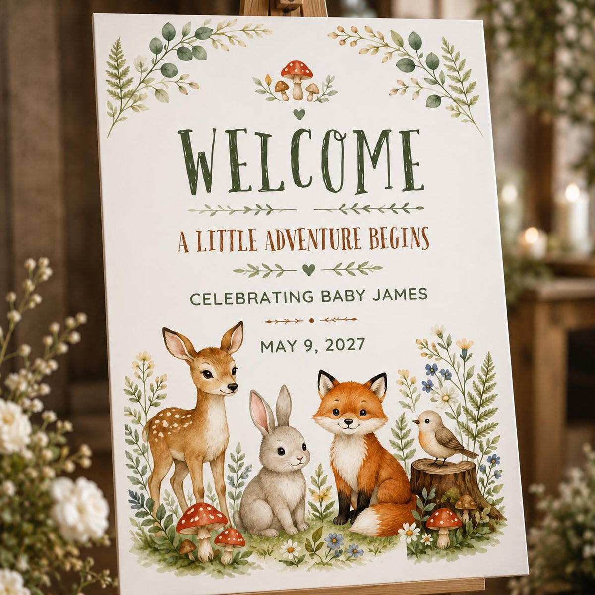 Rustic Woodland Baby Shower Welcome Sign — print-ready baby shower design from VoltBy