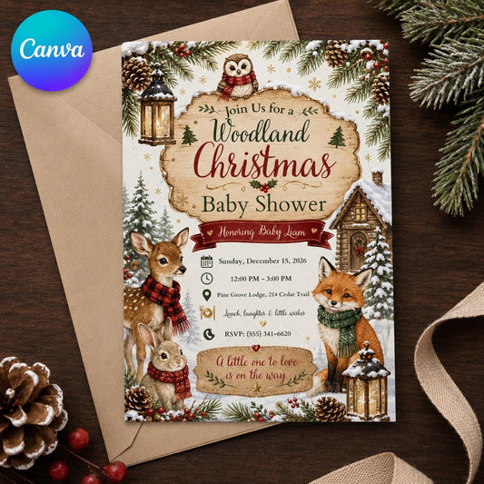 Rustic Woodland Christmas Baby Shower Invitation — editable Canva template