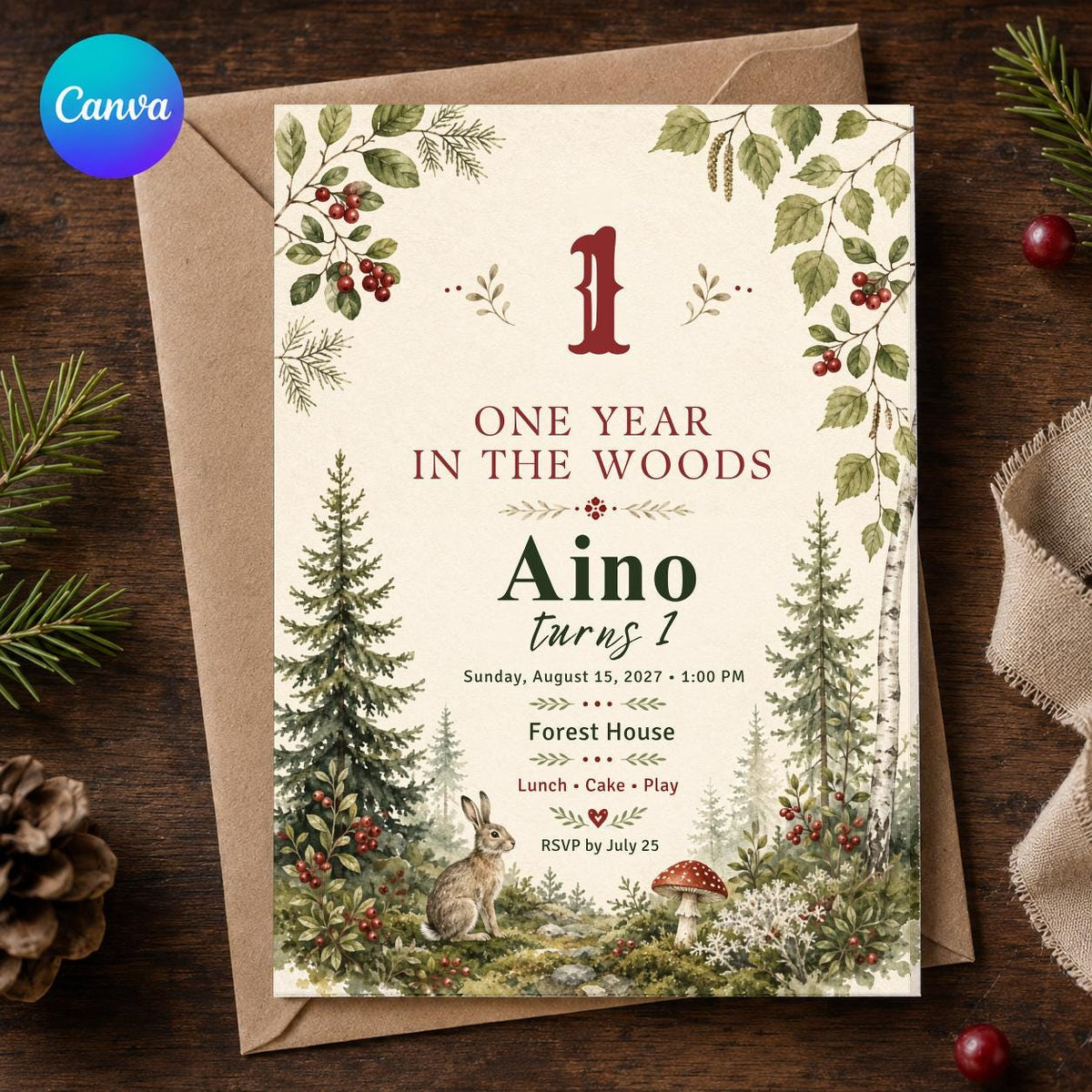 Rustic Woodland First Birthday Invitation — editable Canva template