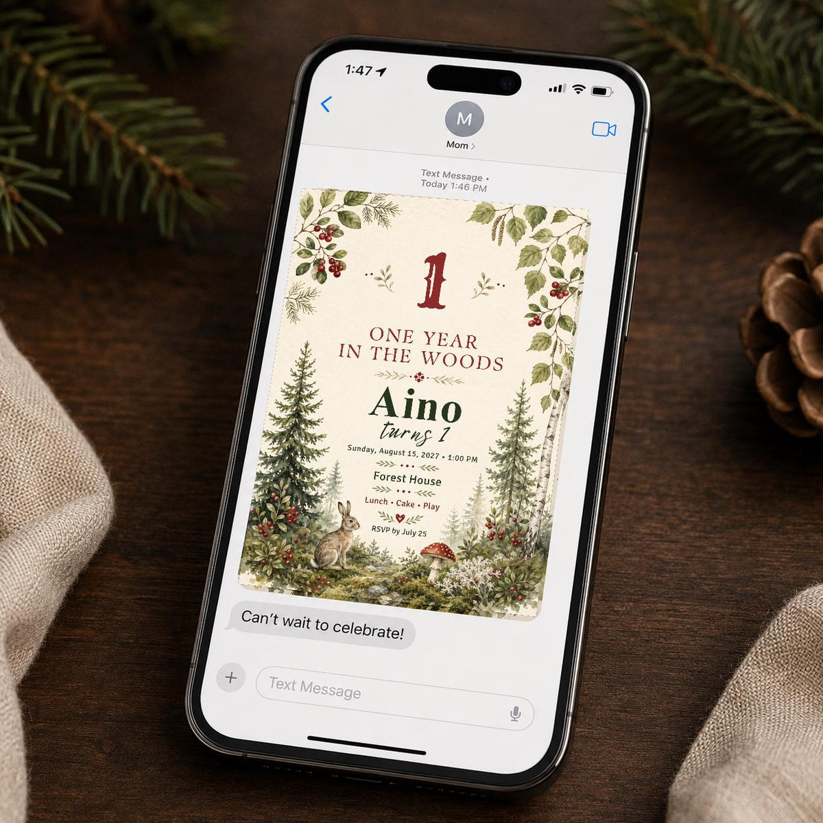 Rustic Woodland First Birthday Invitation — invitation you personalize in Canva