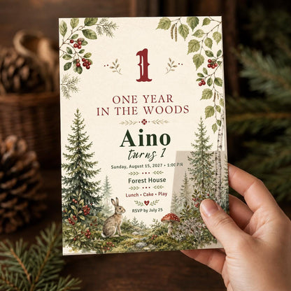 Rustic Woodland First Birthday Invitation — print-ready first birthday design from VoltBy