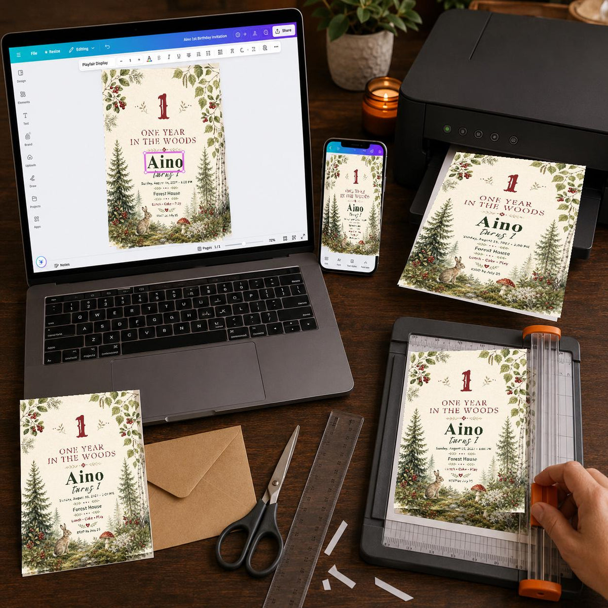 Rustic Woodland First Birthday Invitation — digital invitation, instant download