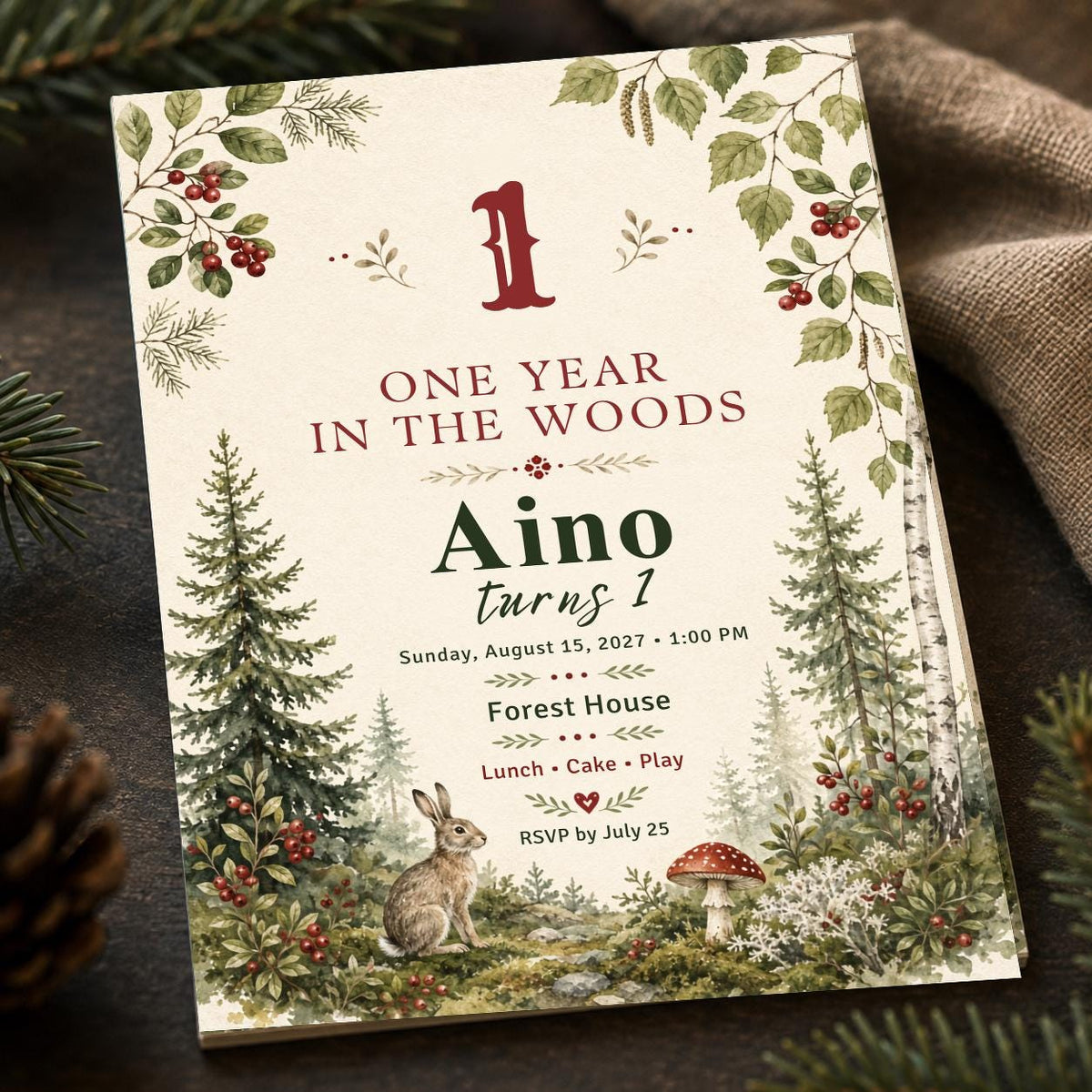 Rustic Woodland First Birthday Invitation — first birthday stationery by VoltBy