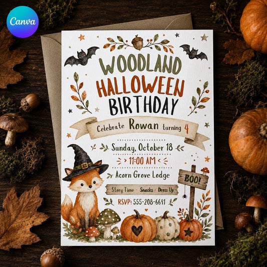 Rustic Woodland Halloween 4th Birthday Invitation — editable Canva template