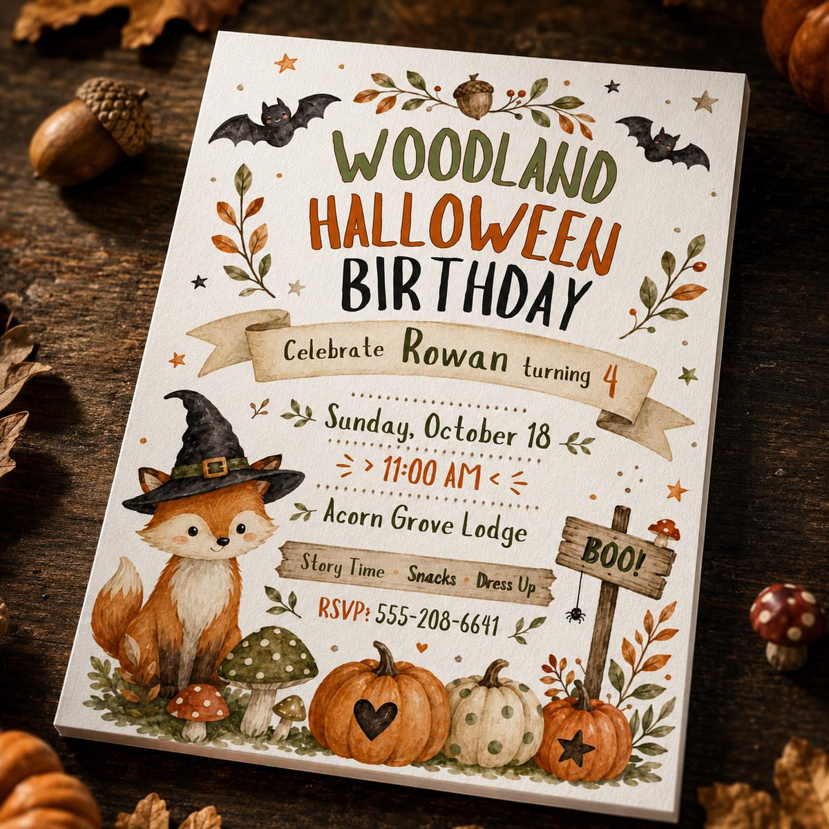 Rustic Woodland Halloween 4th Birthday Invitation — fox and pumpkin design