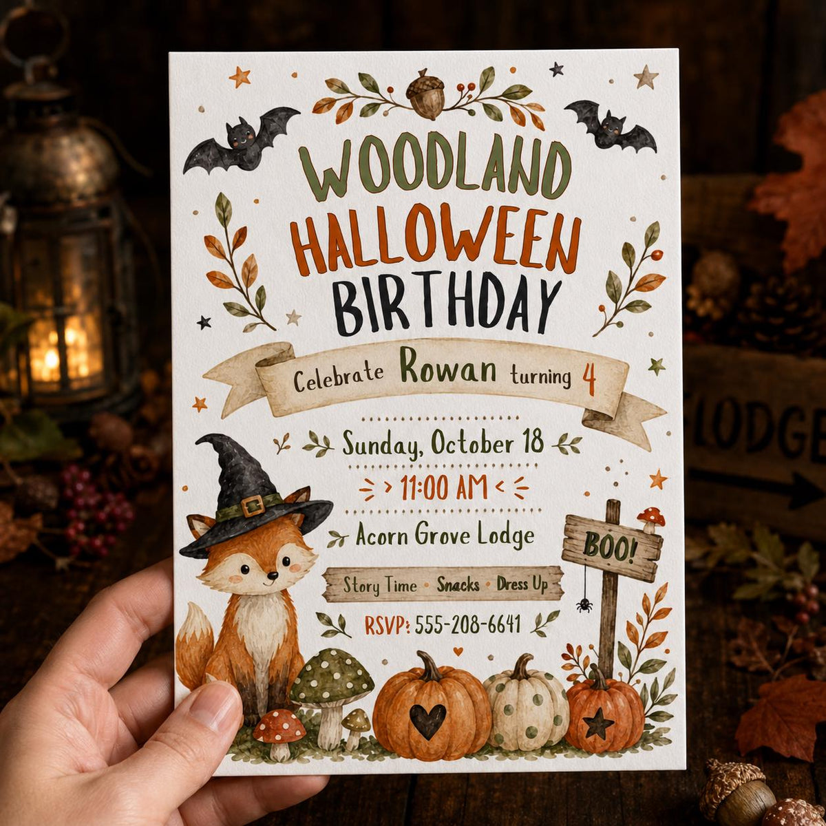 Rustic Woodland Halloween 4th Birthday Invitation — invitation you personalize in Canva