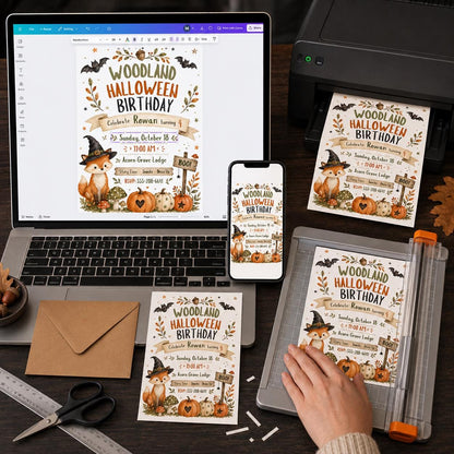 Rustic Woodland Halloween 4th Birthday Invitation — print-ready 4th birthday party design from VoltBy