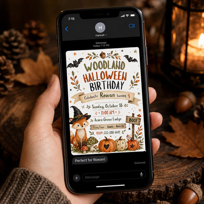 Rustic Woodland Halloween 4th Birthday Invitation — digital invitation, instant download