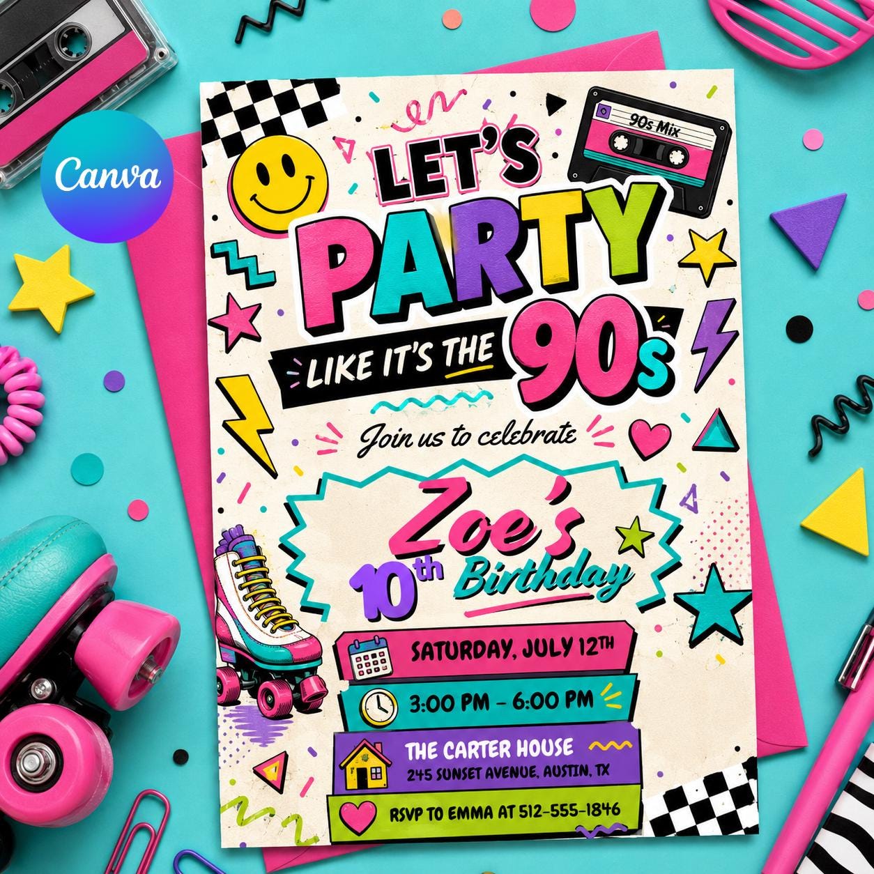 90s Birthday Invitation Template, Pop Star Birthday Invitation Girl Neon Glow in the Dark Music Party Rainbow Girls Musical Singing , Canva __etsy:8051686377