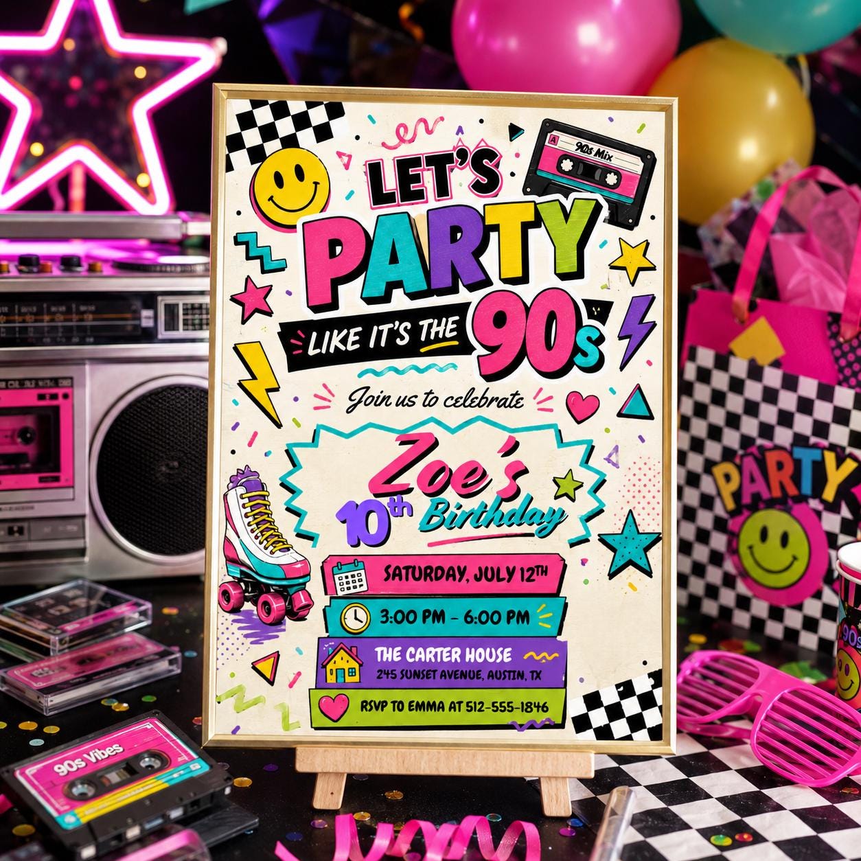 90s Birthday Invitation Template, Pop Star Birthday Invitation Girl Neon Glow in the Dark Music Party Rainbow Girls Musical Singing , Canva __etsy:8051670343