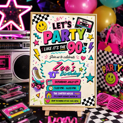 90s Birthday Invitation Template, Pop Star Birthday Invitation Girl Neon Glow in the Dark Music Party Rainbow Girls Musical Singing , Canva __etsy:8051670343