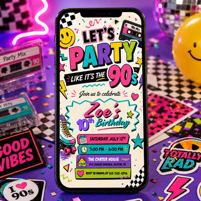 90s Birthday Invitation Template, Pop Star Birthday Invitation Girl Neon Glow in the Dark Music Party Rainbow Girls Musical Singing , Canva __etsy:8051670337