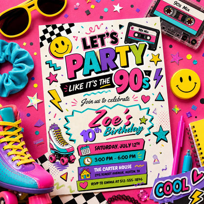 90s Birthday Invitation Template, Pop Star Birthday Invitation Girl Neon Glow in the Dark Music Party Rainbow Girls Musical Singing , Canva __etsy:8051670367
