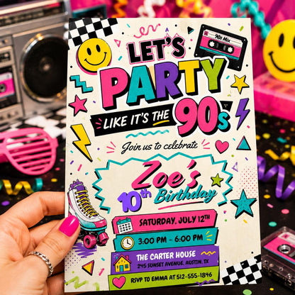 90s Birthday Invitation Template, Pop Star Birthday Invitation Girl Neon Glow in the Dark Music Party Rainbow Girls Musical Singing , Canva __etsy:8051670379