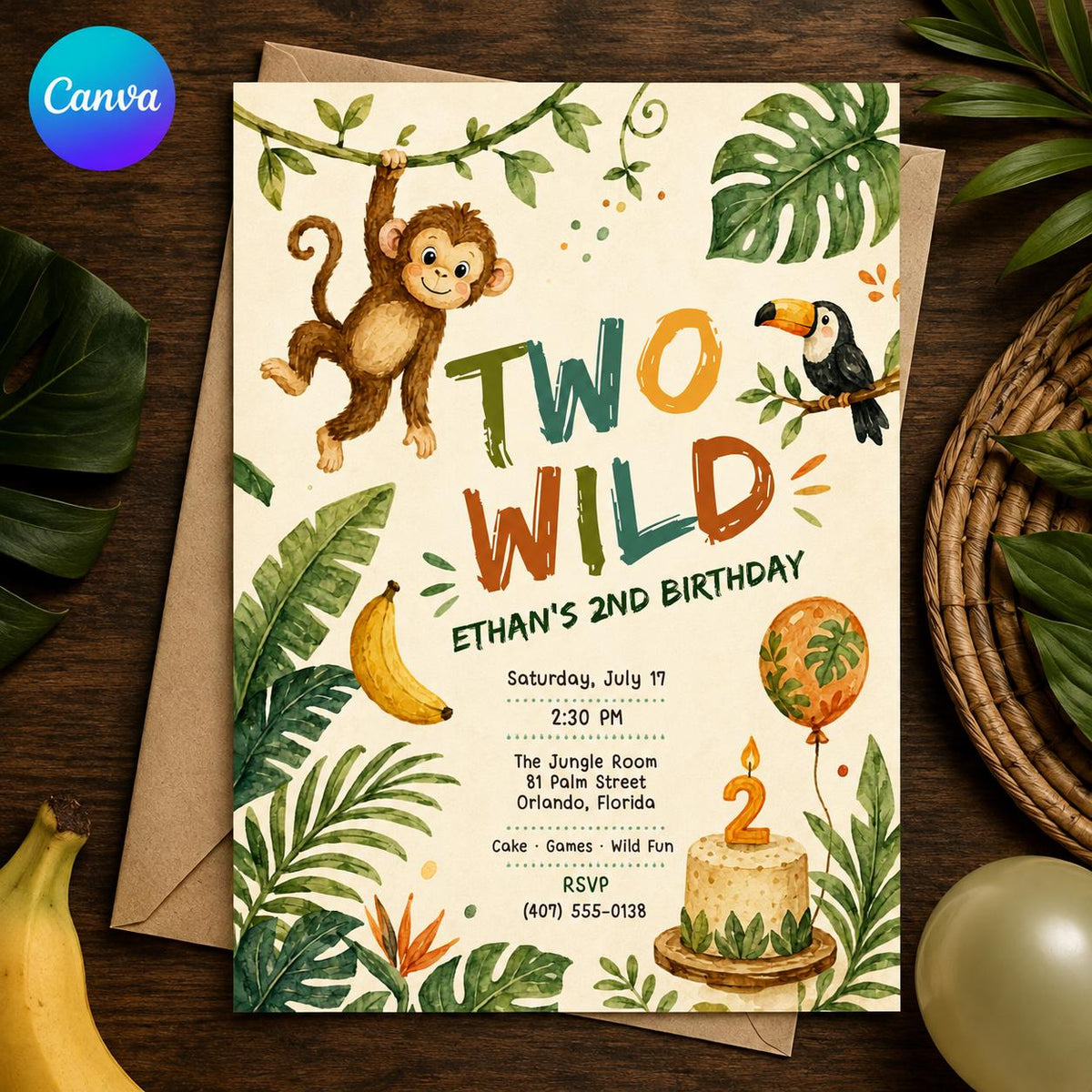 Safari Wild 2nd Birthday Invitation — editable Canva template