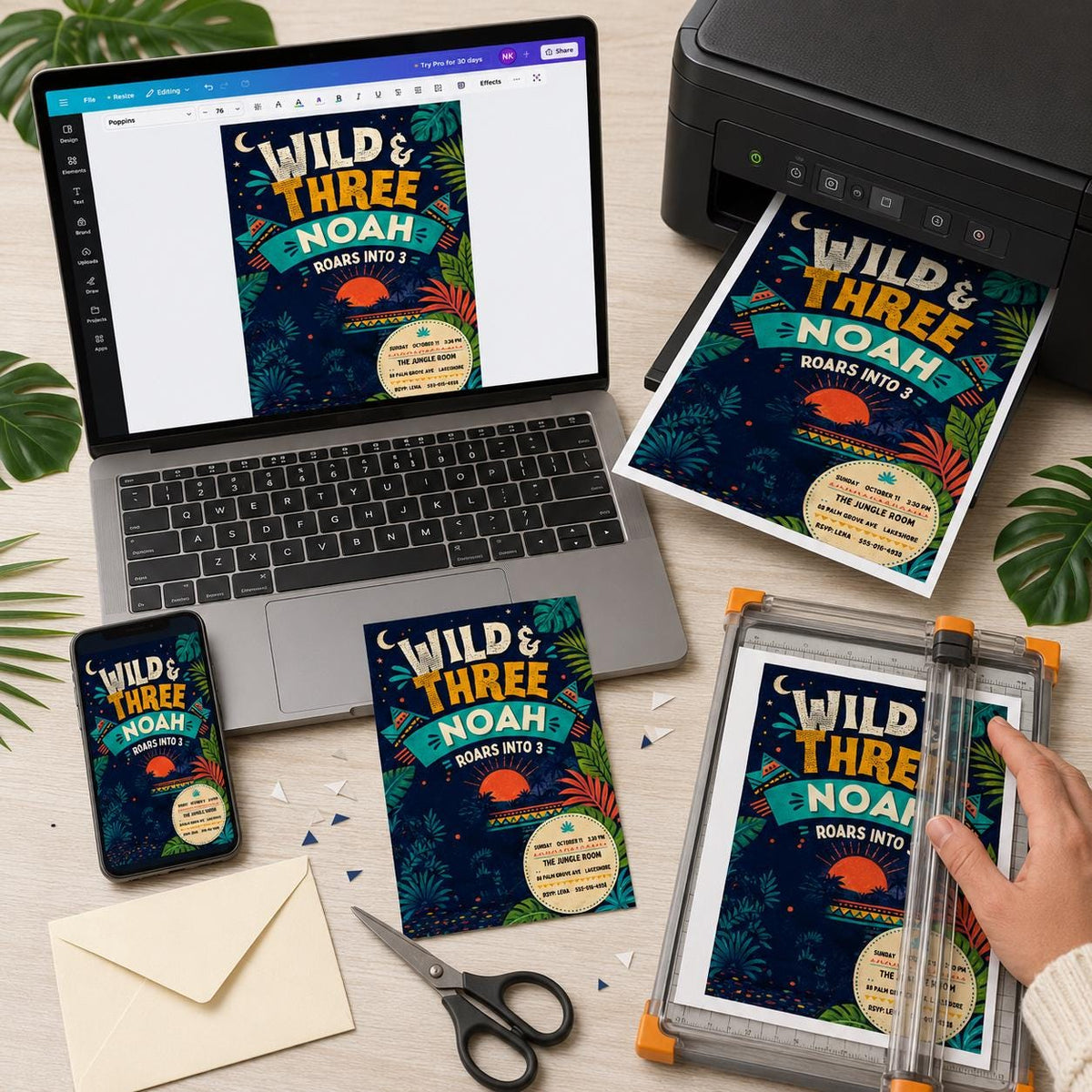 Safari Wild and Three 3rd Birthday Invitation: Jungle Safari Lion Party — print-ready 3rd birthday party design from VoltBy
