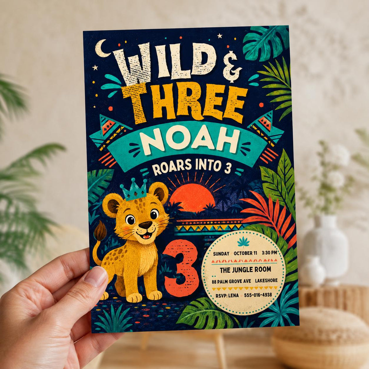 Safari Wild and Three 3rd Birthday Invitation: Jungle Safari Lion Party — digital invitation, instant download